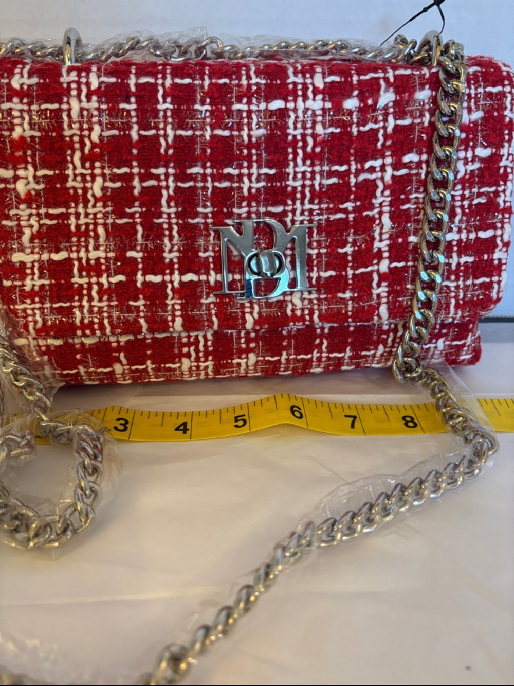 Red Tweed Chain Shoulder Bag with Silver Hardware